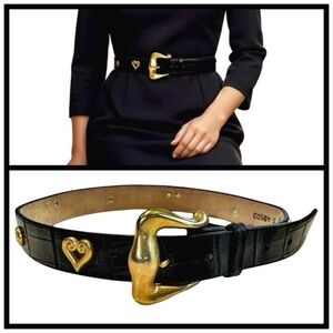 VTG Brighton Museum Collection Black Leather Belt w Gold Accents